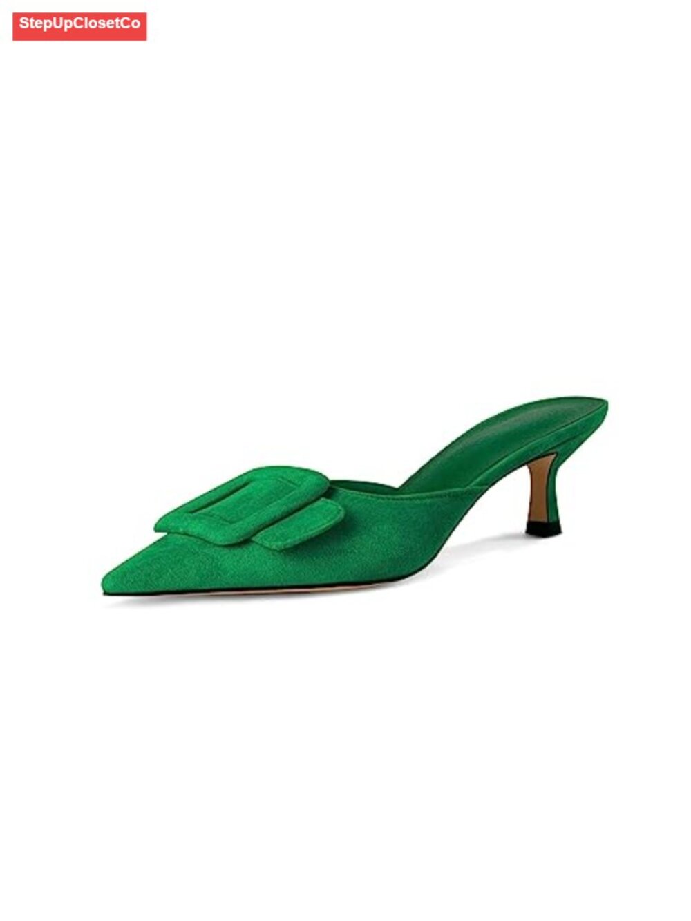 Women Suede Kitten Heel Mules Pointed Toe Square Buckle Slip On
